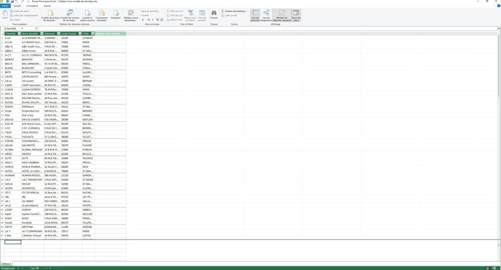 Modèle de données sur Excel